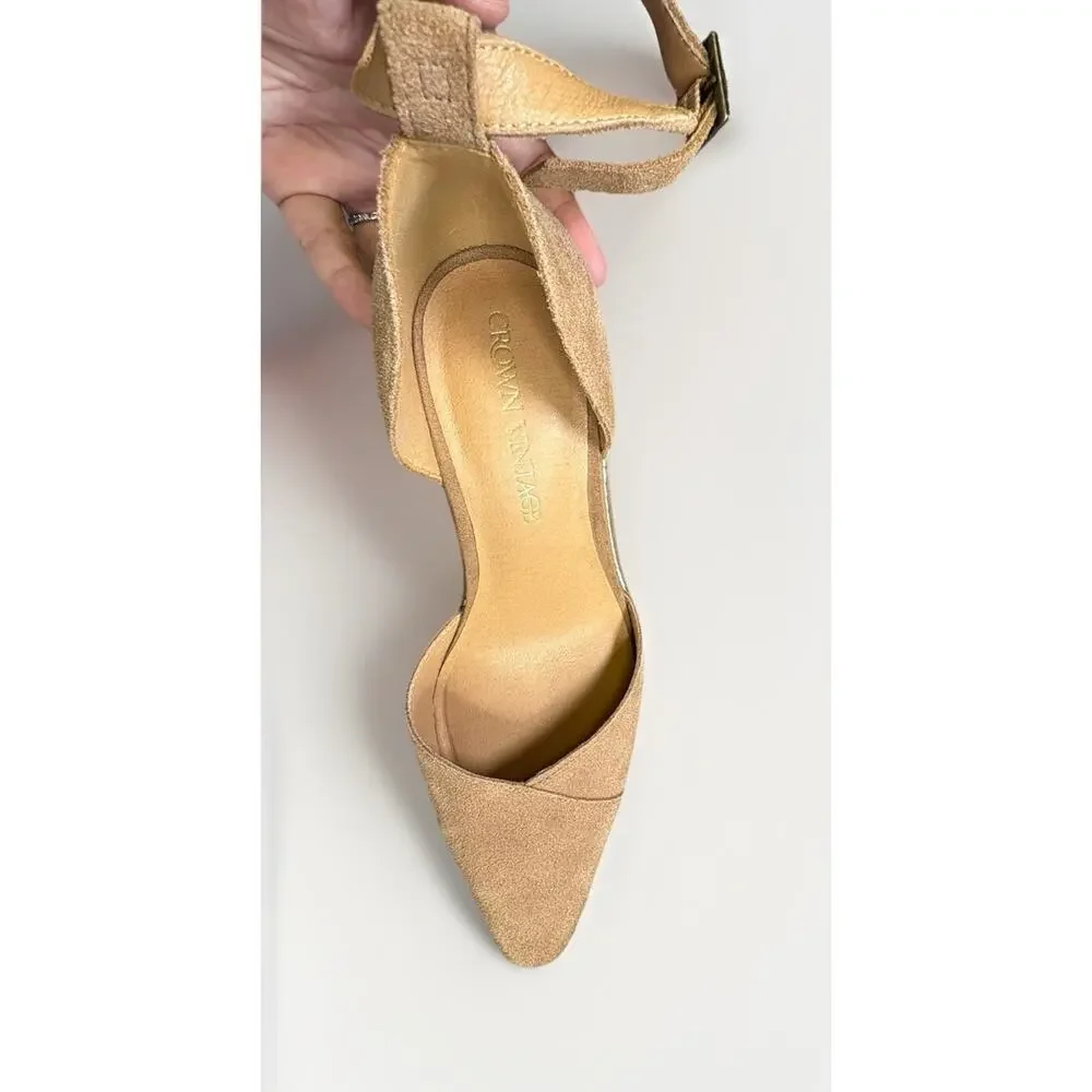 Crown Vintage Women’s Doriss Suede Wedge Pumps Tan Ankle Strap Heels Size 9.5 - Picture 4 of 7